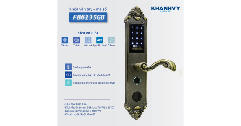 Khóa vân tay PHGlock FP6135C - R APP |A mở khóa bằng vân tay, thẻ từ, mật mã, App điện thoại, chìa cơ