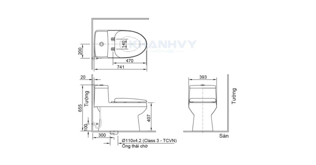 Bản vẽ kỹ thuật của bồn cầu một khối Inax AC-939VN