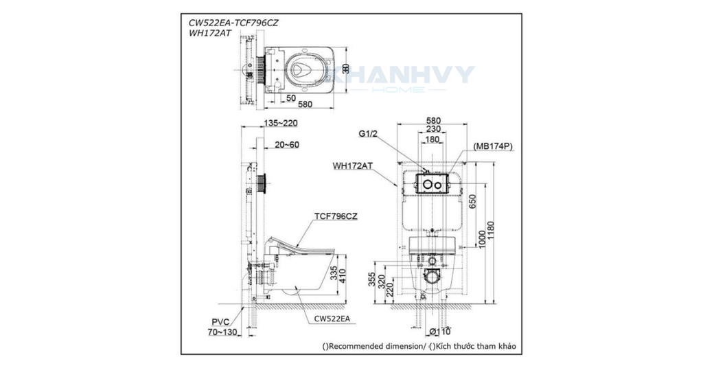 Bản vẽ kích thước của bàn cầu treo tường TOTO CW522EA/TCF796CZ