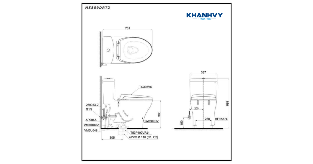 Bản vẽ kích thước của bồn cầu một khối TOTO MS889DRT2