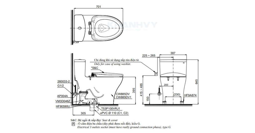 Bản vẽ kỹ thuật của bàn cầu một khối TOTO MS885DW14XW