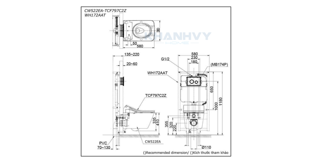 Bản vẽ kích thước của bàn cầu treo tường TOTO CW522EA/TCF797C2Z/WH172AAT nắp rửa điện tử WASHLET