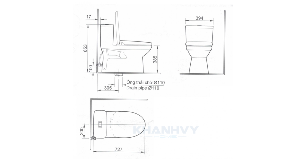 Bản vẽ kỹ thuật của bồn cầu 1 khối INAX AC-969VN