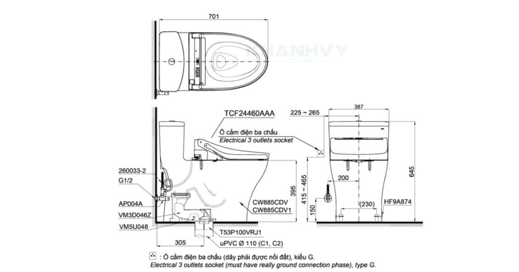 Bản vẽ kỹ thuật của bàn cầu một khối TOTO MS885CDW15XW