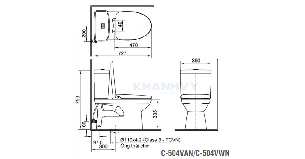Bản vẽ kỹ thuật bồn cầu INAX C-504VAN