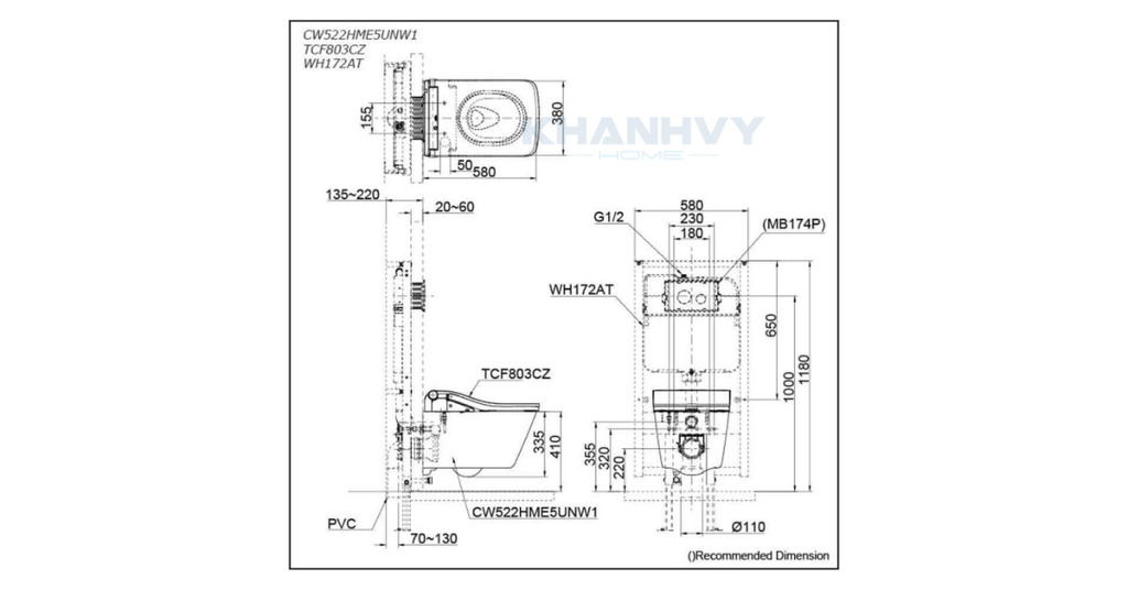 Bản vẽ kích thước của bồn cầu TOTO CW522EA/TCF803CZ/WH172AT/MB171M#SS