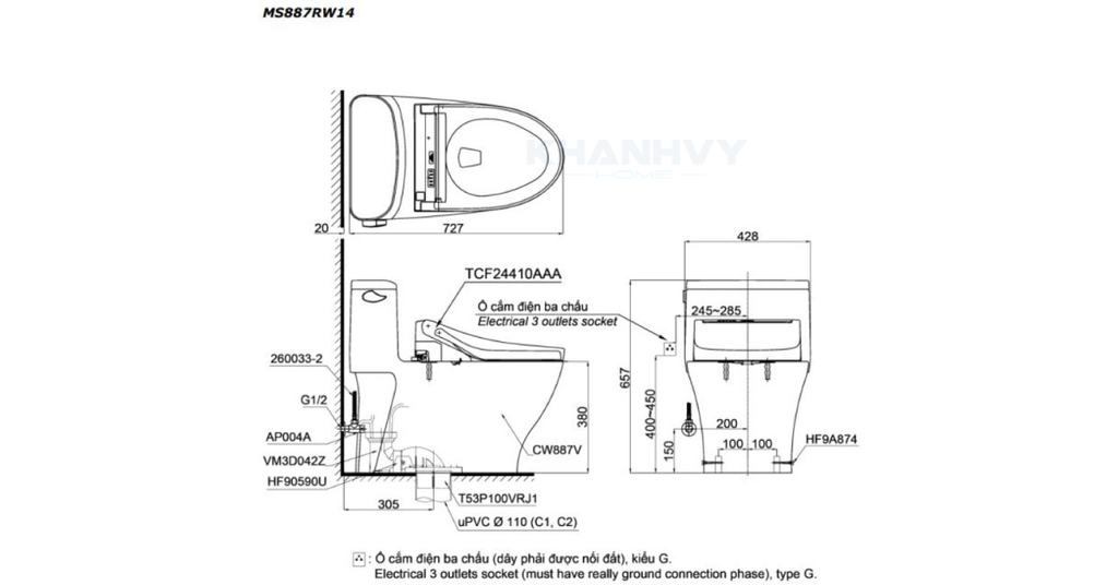 Bản vẽ kỹ thuật của bàn cầu một khối TOTO MS887RW14XW