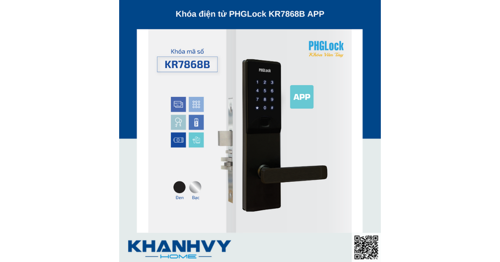 Sản phẩm khóa điện tử PHGLock KR7868B - L App |A sở hữu thiết kế hiện đại với khóa màu đen và mặt khóa cảm ứng sang trọng