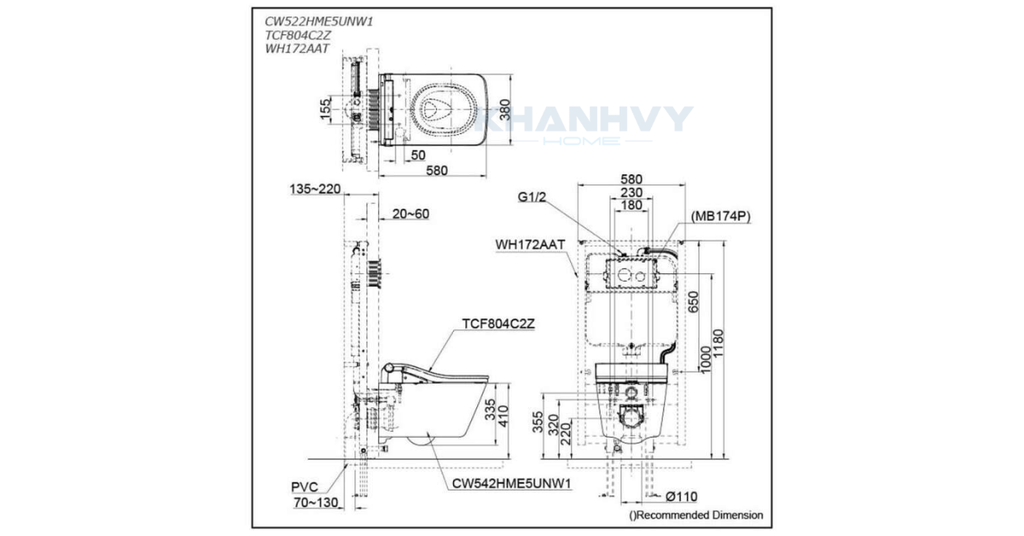 Bản vẽ kích thước của bồn cầu treo tường TOTO CW522EA#NW1/TCF804C2Z#NW1