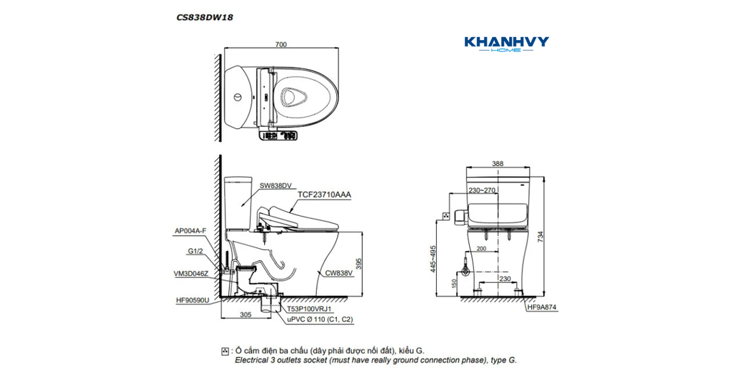 Bản vẽ kích thước của bồn cầu TOTO hai khối CS838DW18XW