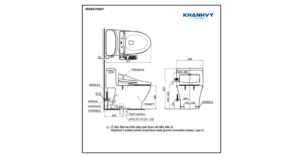 Bản vẽ kích thước bồn cầu TOTO MS887RW6