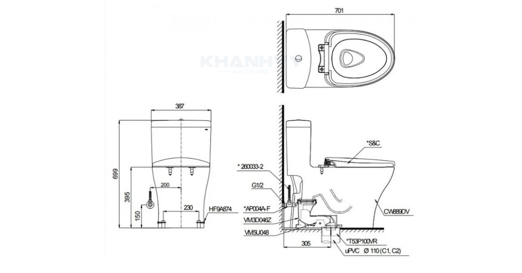 Bản vẽ kỹ thuật của bàn cầu một khối TOTO MS889DRW14XW
