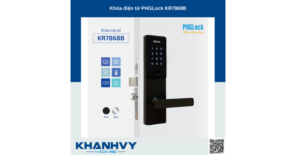 Sản phẩm khóa điện tử PHGLock KR7868B - R |A sở hữu thiết kế hiện đại với khóa màu đen và mặt khóa cảm ứng sang trọng