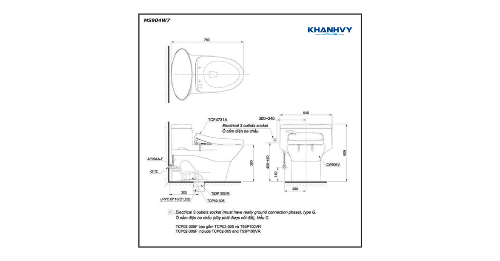 Bản vẽ kích thước bồn cầu TOTO MS904W7