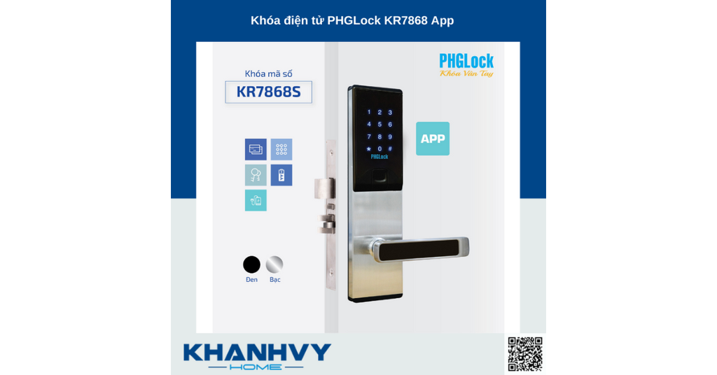 Sản phẩm khóa điện tử PHGLock KR7868SS - L App |A sở hữu thiết kế hiện đại với khóa màu đen và mặt khóa cảm ứng sang trọng