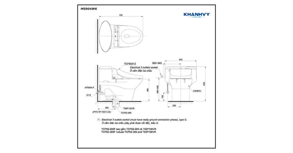 Bản vẽ kích thước bồn cầu WASHLET TOTO MS904W6