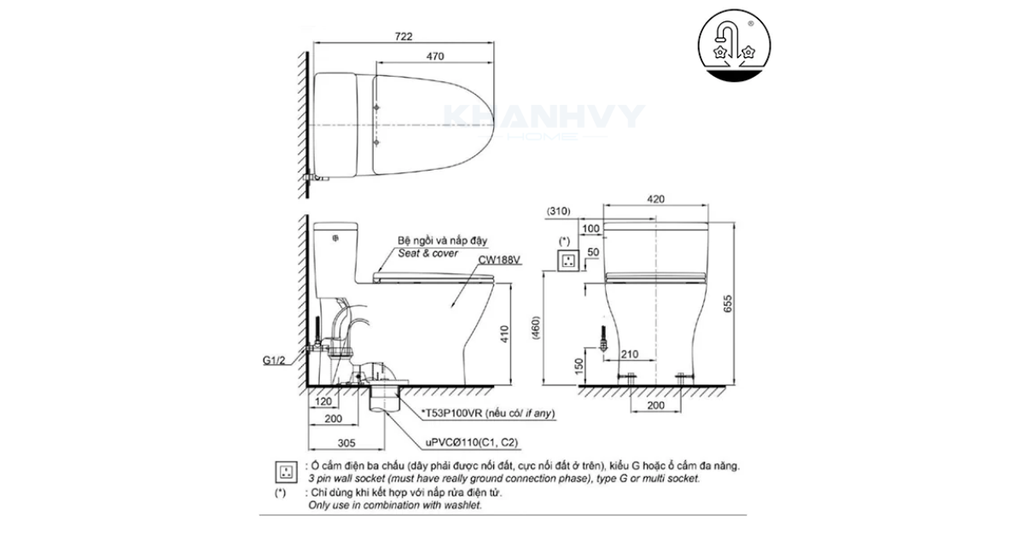 Bản vẽ kỹ thuật của bàn cầu một khối TOTO MS188VKW14XW_T53P100VR