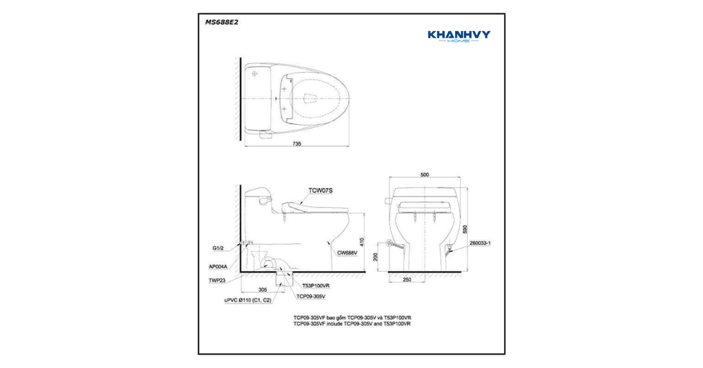 Bản vẽ kích thước bồn cầu một khối nắp cơ TOTO MS688E2
