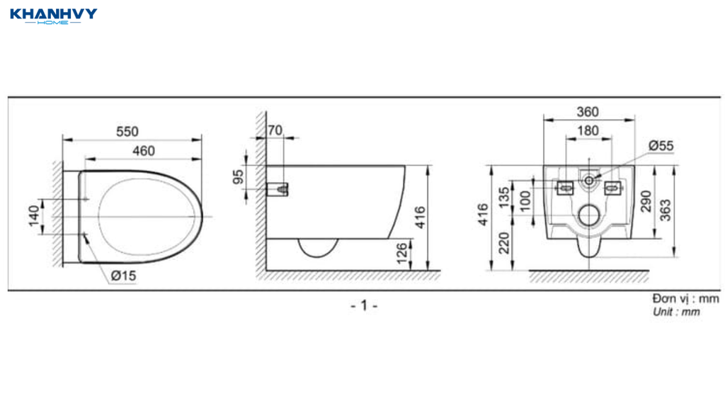 Kích thước bồn cầu treo tường phổ biến