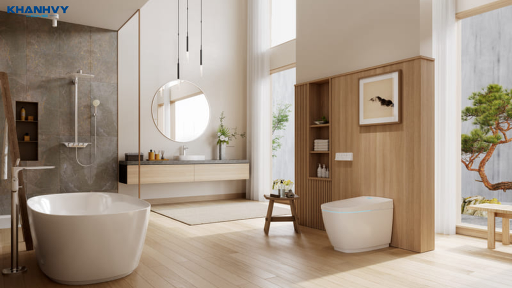 Bồn cầu treo tường trong không gian phòng tắm sang trọng hiện đại