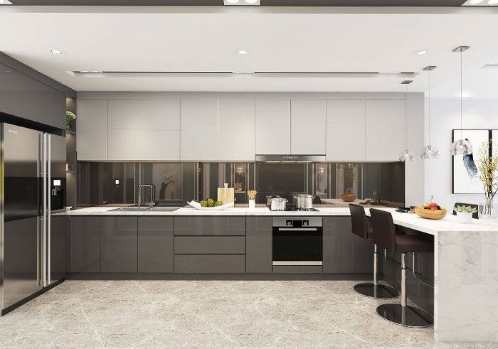 Tủ Bếp Acrylic Màu Xám Mang Đến Không Gian Sang Trọng