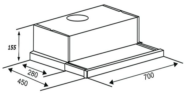 Kích thước của dòng máy hút mùi này là T700 x S430x 176 mm hoặc (W x H): 700 x 271 (mm)