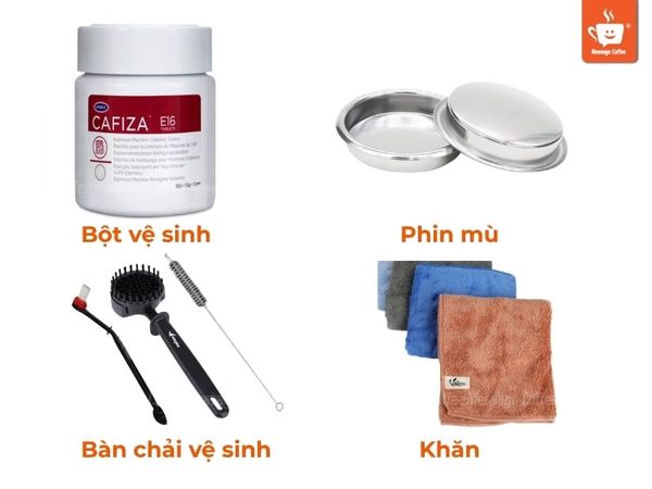 dụng cụ và hóa chất vệ sinh máy pha cà phê