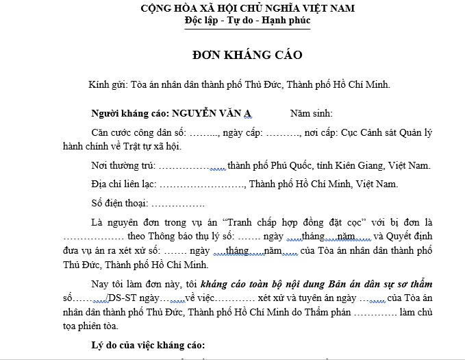 đồ họa miêu tả mẫu đơn kháng cáo trường hợp đã có bản án sơ thẩm