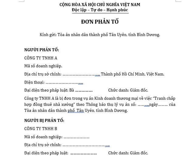 đồ họa miêu tả mẫu đơn phản tố theo pháp luật Việt Nam