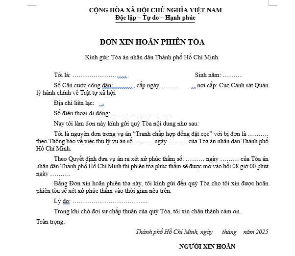 đồ họa miêu tả mẫu đơn xin hoãn phiên tòa mới nhất 2025