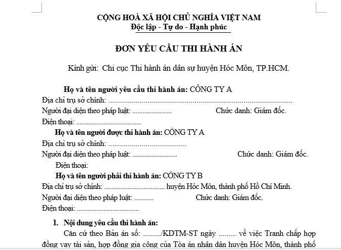 đồ họa miêu tả mẫu đơn yêu cầu thi hành án