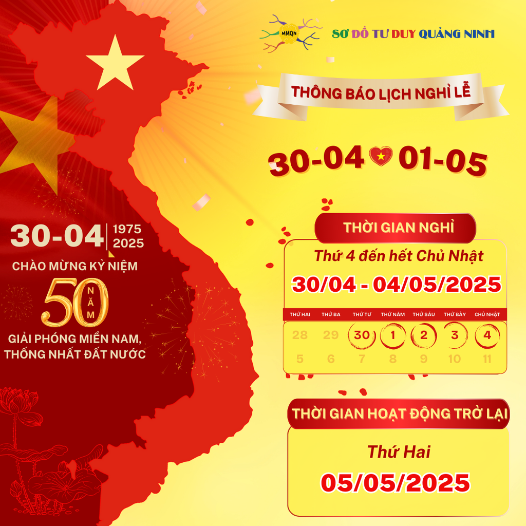 🎉 THÔNG BÁO LỊCH NGHỈ LỄ 30/4 VÀ 1/5 NĂM 2025 🎉 TRUNG TÂM SƠ ĐỒ TƯ DUY QUẢNG NINH