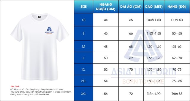 đồng phục size áo thun unisex