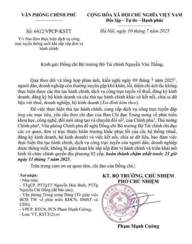 Công văn số 6412/VPCP-KSTT ngày 10/7/2025