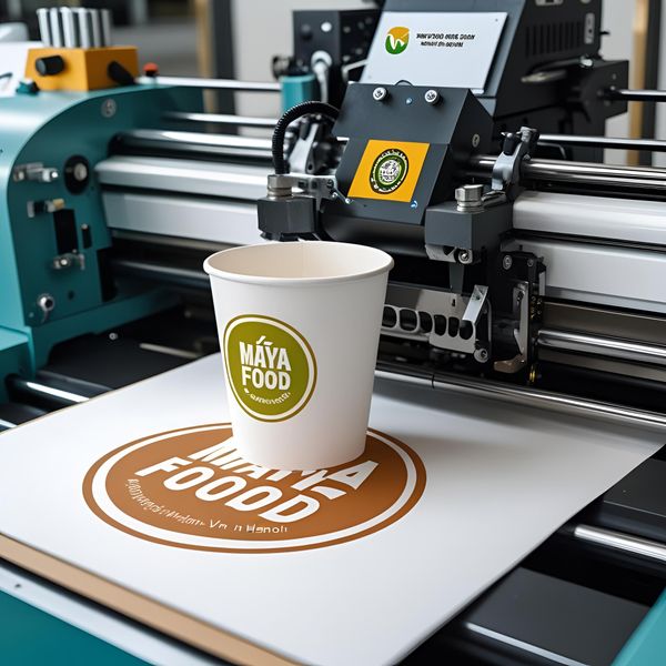 kiểm tra logo in trên cốc giấy tại xưởng mayafoodvn Hà Nội
