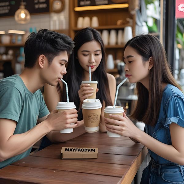 Khách hàng trẻ thích check-in với ly trà sữa dùng ống hút giấy hoa văn trang trí.