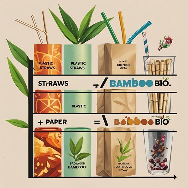Bảng so sánh ống hút sinh học phân hủy nhanh với ống hút nhựa, giấy và tre.