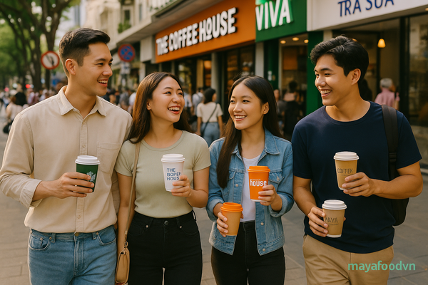 Khách hàng trẻ tại TP.HCM cầm ly giấy từ nhiều thương hiệu khác nhau trên phố