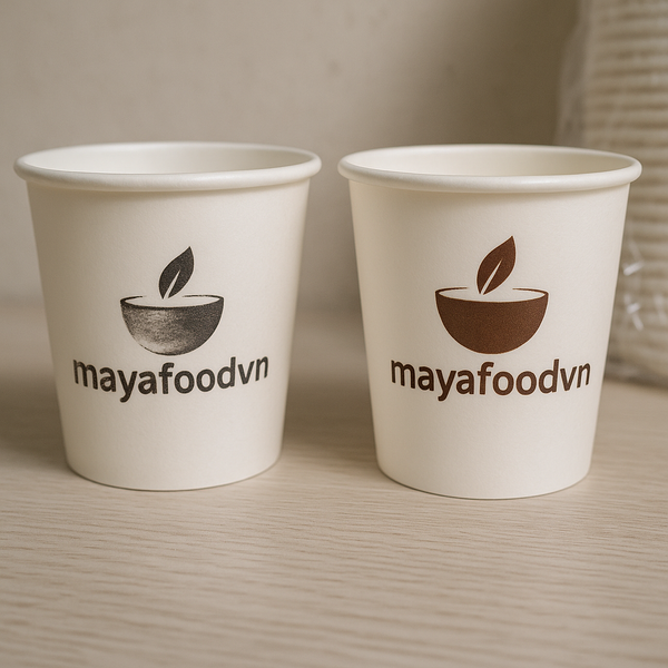 cốc giấy Hà Nội bị lem màu – so sánh với ly in sắc nét từ mayafoodvn