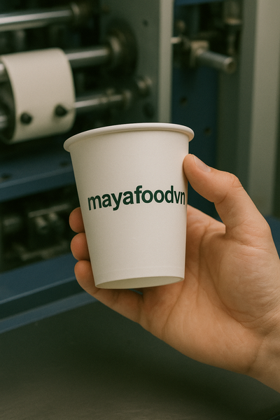 Mẫu cốc giấy in logo kiểm tra kỹ tại xưởng in MAYAFOODVN ở Hà Nội