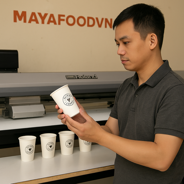 xưởng in cốc giấy MAYAFOODVN tại Hà Nội đảm bảo không lem màu, in chuẩn