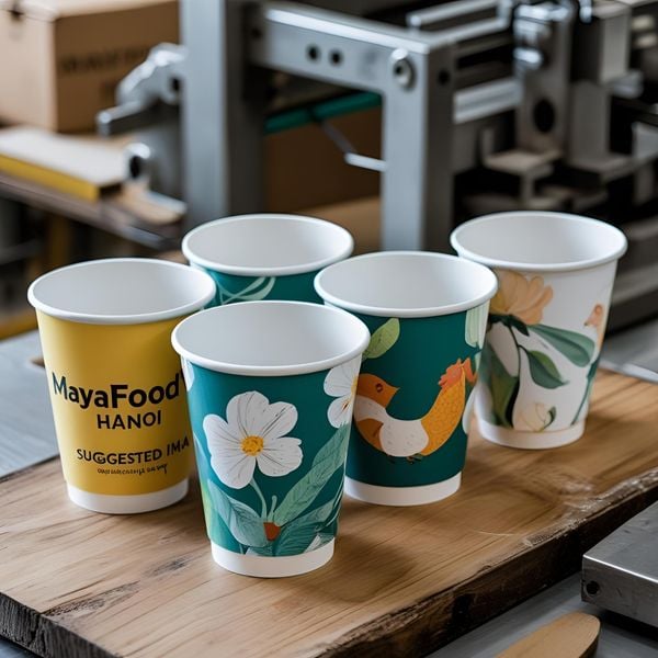 sản xuất cốc giấy tái sử dụng tại MayaFoodVN với giấy dày và mực an toàn