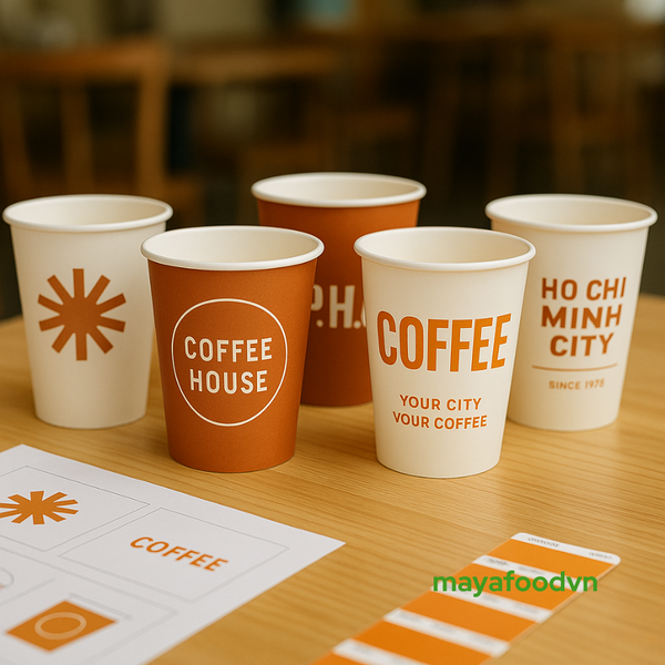 Các mẫu ly giấy TP.HCM với thiết kế đồng bộ, logo rõ nét và slogan thương hiệu