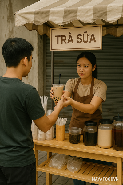 Một quầy trà sữa nhỏ vỉa hè với khách hàng đang mua mang đi