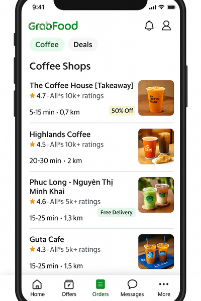 Bán cà phê online qua ứng dụng giao hàng như Grab, ShopeeFood.