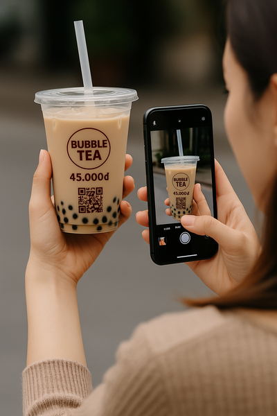 Ly trà sữa in giá và mã QR tăng trải nghiệm chuyên nghiệp.