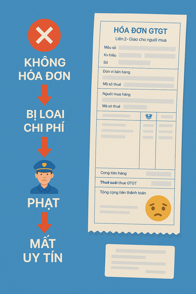 chuỗi hậu quả: Không hóa đơn → Bị loại chi phí → Truy thu → Phạt → Mất uy tín.