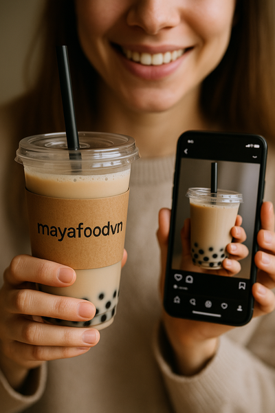 Khách hàng cầm ly trà sữa có logo thương hiệu, chia sẻ trên mạng xã hội