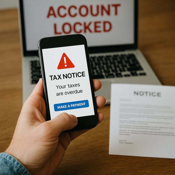 Cảnh minh họa bị phong tỏa tài khoản, hoặc email thông báo thuế.