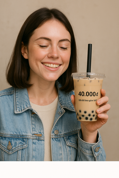 Khách hàng hài lòng với ly trà sữa in giá rõ ràng.